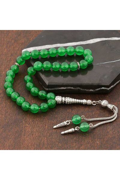 Skygo Natural Stone Metal Tasseled Green Jade Stone Rosary