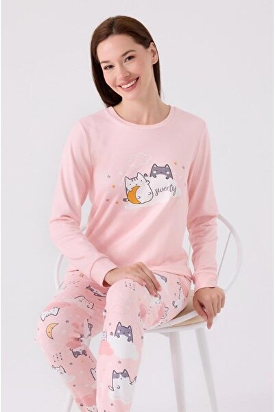 ROLY POLY 3461-S Combed Cotton Pajama Suit with Cat Pattern and Elastic Legs