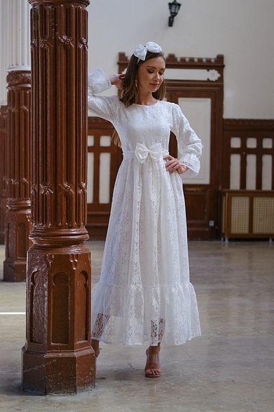 KÜÇÜĞÜM BUTİK Hijab Vintage Λευκό Δαντελένιο Φόρεμα