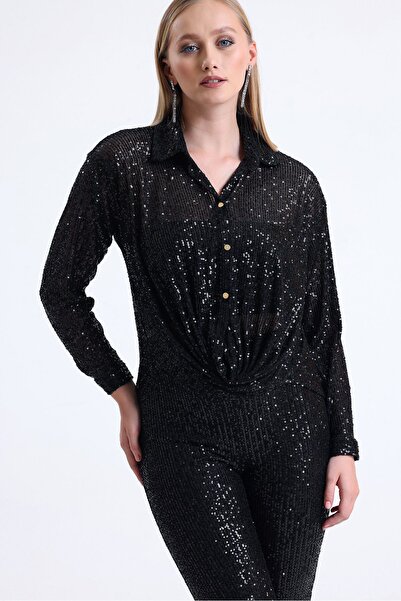 PARADICE Siyah Payetlerle Kaplı Şeffaf Gömlek