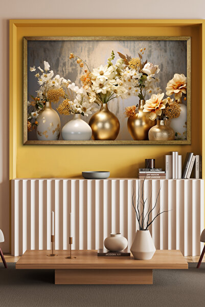 Evinemoda Gold Vazoda Çiçekler Tek Parça Gold Çerçeveli Kanvas - Canvas Tablo