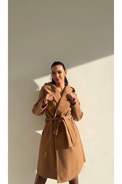 Swass Μακρύ παλτό με διπλό στήθος με κουκούλα με κουκούλα με διπλή τσέπη με ζώνη στη μέση