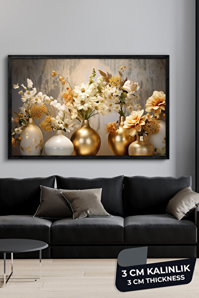 Evinemoda Gold Vazoda Çiçekler Tek Parça Siyah Çerçeveli Kanvas - Canvas Tablo