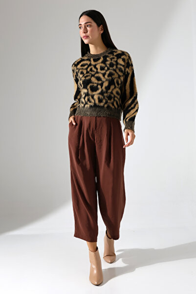 Lavinza Leopar Desenli Sakallı Bisiklet Yaka Kazak