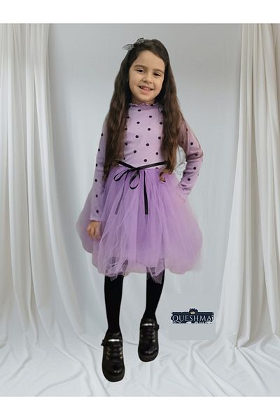 QUESHMA Rochie tutu pentru fetiță, liliac, cu mânecă lungă, elastică, cu buline