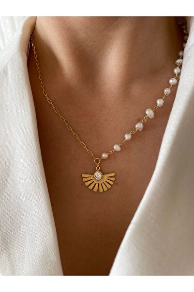 Reacraft 925 Gümüş | Yarısı İncili Zincirli Beyaz Taşlı Güneş Kolye