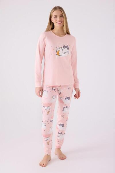 ROLY POLY 3461-S Combed Cotton Pajama Suit with Cat Pattern and Elastic Legs