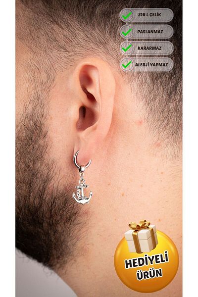 Piercing Market Steel & Silver Men's Steel Ring Dangle Anchor Earrings Rust No Darkening