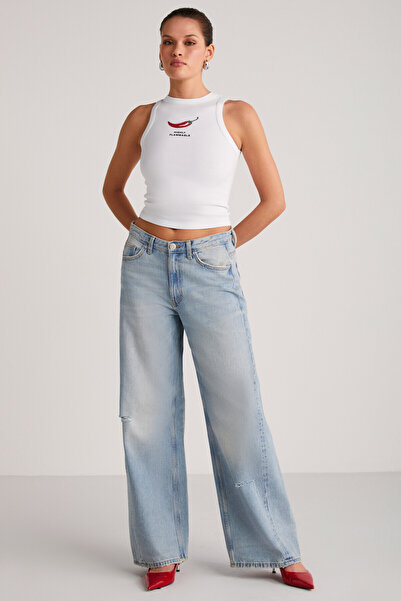 GRIMELANGE Spice γυναικεία λαιμόκοψη με χοντρό λουράκι εκτύπωσης Λεπτομερές Crop οργανικό βαμβακερό πλεκτό ύφασμα λευκό μπλουζάκι