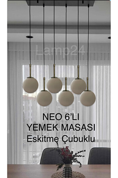 Lamp24 Neo Beyaz Camlı 6’lı Yemek Masası Avisesi - Eskitme Çubuklu