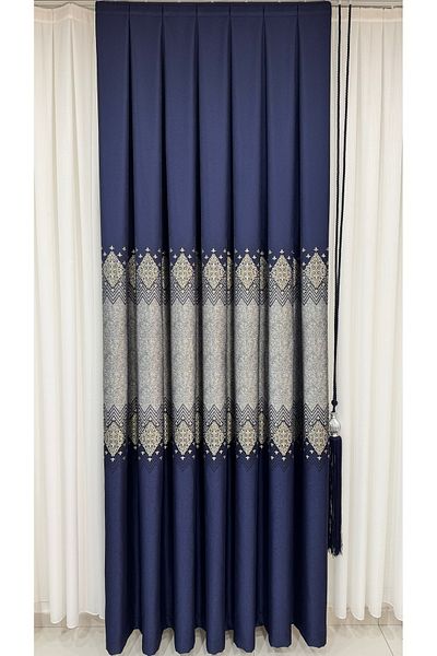 Fon Dünyası Navy Blue Silver Damaksli Single Wing Panel Background Curtain