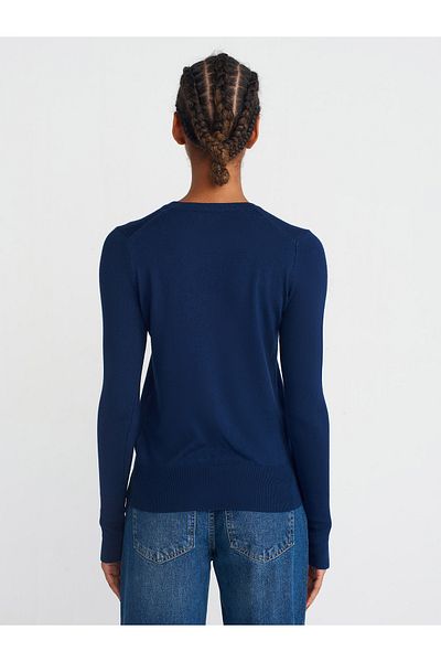 Dilvin 1267 Crew Neck Sweater with Middle Sleeve Drop-Navy Blue