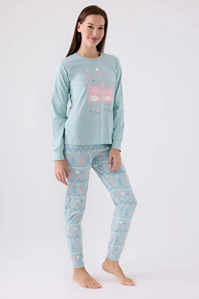 ROLY POLY 3486-G Etnik Desen Geyikli Paçası Lastikli Penye Pijama Takım 'Anne Kız Kombin Yapılabilir