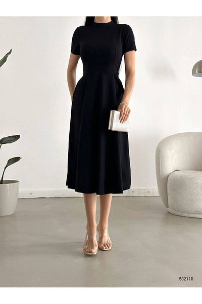 Trendusfashion Rochie lungă din țesătură creponată cu mâneci scurte și buzunare