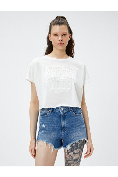 Koton Tričko Crop Tričko s reliéfním výstřihem s krátkým rukávem Bavlna