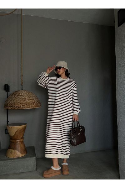 minaaise Rochie de damă bordeaux cu dungi cu 3 fire, lungă, supradimensionată, fără ridicare 28288