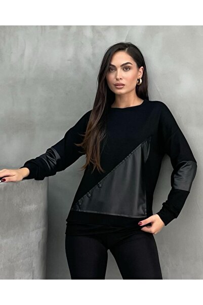 MuzipTekstil Deri ve Düğme Detaylı Bluz