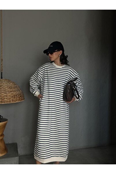 minaaise Γυναικείο φόρεμα με 3 κλωστές, μπλε ναυτικό ριγέ, μακρύ υπερμεγέθη φόρεμα 28288