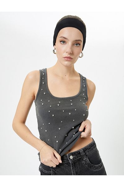 Koton Γυαλιστερό Stoned Tank Top Χοντρό λουράκι τετράγωνο γιακά βαμβακερό