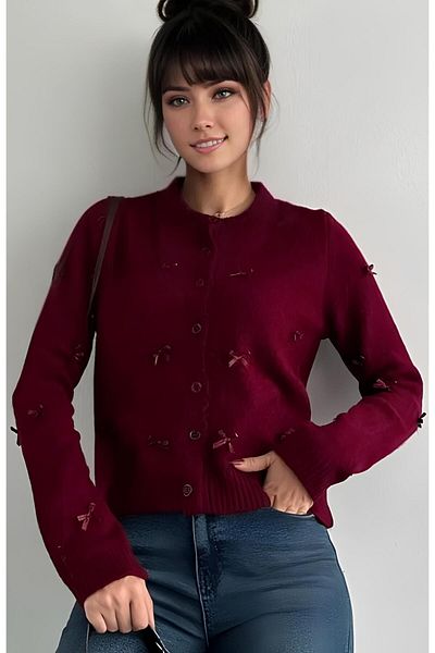 Luna Carina Cardigan de tricotaj la modă cu fundă roșie Claret pentru femei