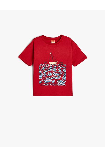 Koton T-Shirt Short Summer Themed Sleeves Crew Neck Cotton