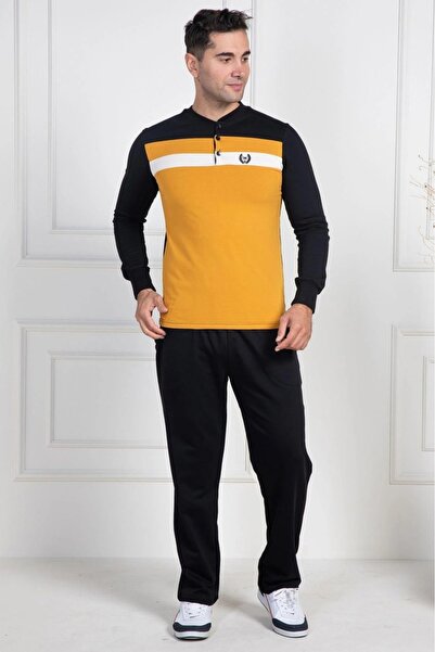 Lohusa Homewear طقم بيجامة رجالي أصفر بأكمام طويلة 100% قطن مقاس كبير (كبير ا...