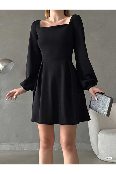 Trendusfashion Φόρεμα με τετράγωνο λαιμό μακρυμάνικο εισαγόμενο κρεπ ύφασμα Basic