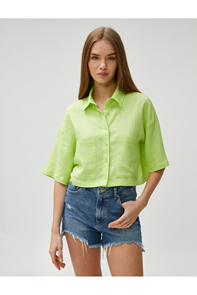 Koton Standardní košilový límec Obyčejná zelená dámská košile 3sal60006ıw