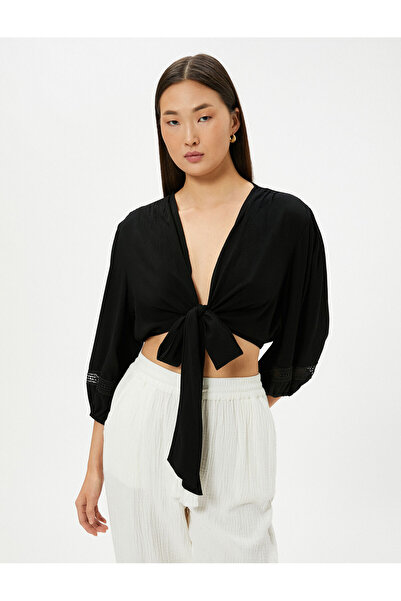 Koton Μπλούζα Crop με μπροστινό δέσιμο - Μπαλόνι μανίκι