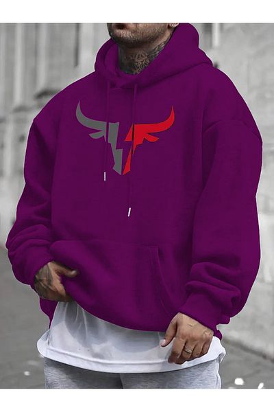 Elfa Tekstil Unisex Oversize Hooded Sweatshirt - Bull Printed