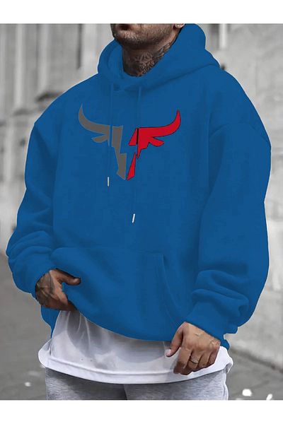 Elfa Tekstil Unisex Oversize Hooded Sweatshirt - Bull Printed