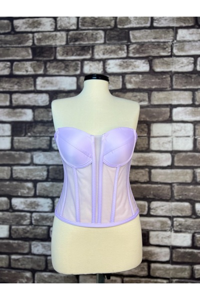 Metay Design Transparan Tül Korse Büstiyer Kedi Kulağı Model - Lila