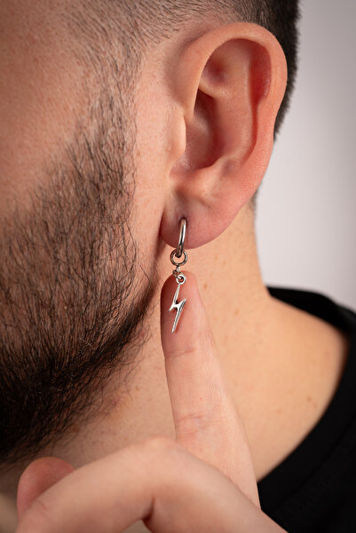Piercing Market Steel & Silver Erkek Çelik Takı Halka Sallantılı Şimşek Model Küpe Paslanma Kararma Yapmaz