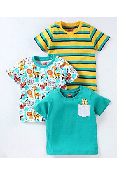 Babyhug Cotton Knit Half Sleeves Striped & Wild Animal Printed T-Shirts Pack ...