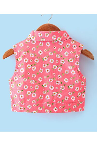 Babyhug Cotton Jersey Woven Sleeveless Frock with Sleeveless Jacket Floral Print - White & Pink