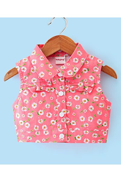 Babyhug Cotton Jersey Woven Sleeveless Frock with Sleeveless Jacket Floral Print - White & Pink