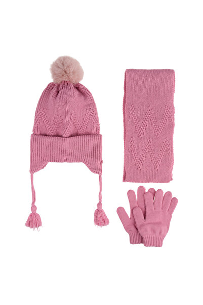 Kitti Ki̇tti̇- Scarf Beanie Glove Suit 4-8 Years Old Girl (Beresi Is Double Layer with Fleece Inside)