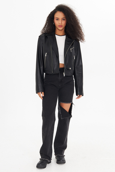 DIVALORE Hakiki Deri Kadın Biker Ceket