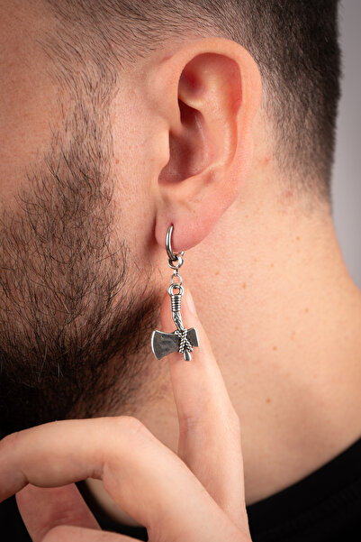Piercing Market Steel & Silver Erkek Çelik Takı Halka Sallantılı Balta Model Küpe Paslanma Kararma Yapmaz