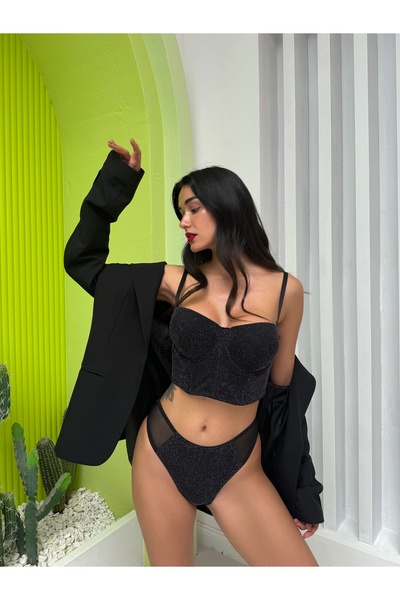 Genel Markalar Siyah Simli Dolgulu Brode Büstiyer Sütyen Takımı