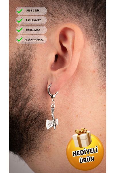 Piercing Market Steel & Silver Men's Steel Jewelry Ring Dangle Ax Model Earrings Does Not Darken Rust