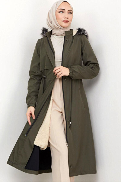 Genel Markalar Beli Lastikli Çift Cep Kürklü Kapüşonlu Peluş Astarlı Uzun Kol...