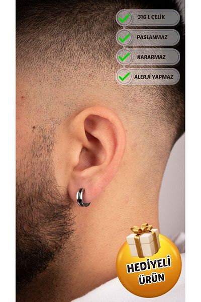 Piercing Market Steel & Silver Men's Steel Jewelry Hoop Black Enamel Model Earrings Does Not Tarnish Rust