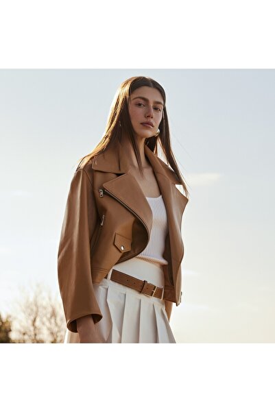 Desa Albinia Kahve Kadın Deri Biker Ceket