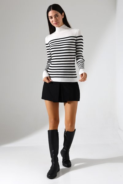 Lavinza Half Turtleneck Striped Knitwear Sweater – Long & Fitted, 100% Viscose, Ecru-Black