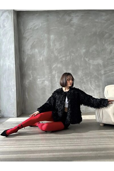 Viskosa Blană de pluș cu franjuri căptușită, neagră, sezon nou