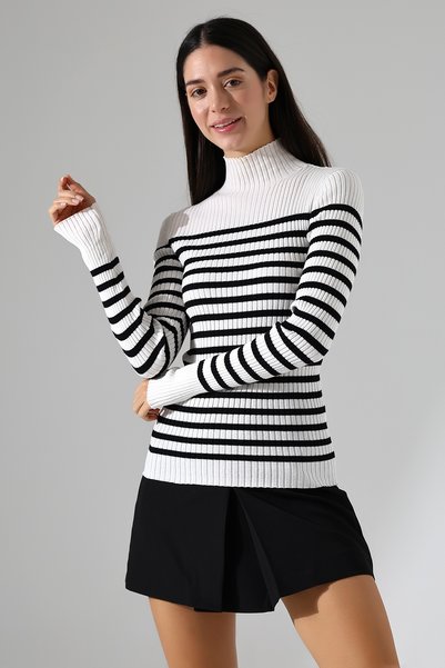 Lavinza Half Turtleneck Striped Knitwear Sweater – Long & Fitted, 100% Viscose, Ecru-Black