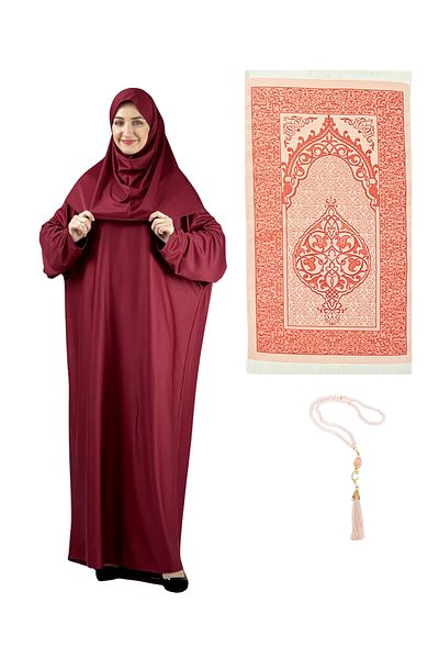 Modish Group Prayer Dress Scarf Prayer Rug Rosary Set, Islamic Clothing Suit Ferace Turban Shawl