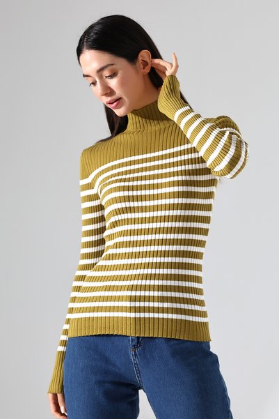 Lavinza Half Turtleneck Striped Knitwear Sweater – Long & Fitted, 100% Viscose, Green-Ecru