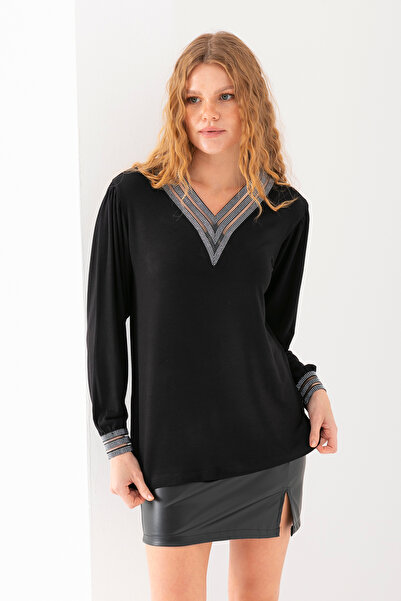 EtkiModa Women's Black Long Sleeve Viscous Blouse with Stone Stripe Collar and Sleeves